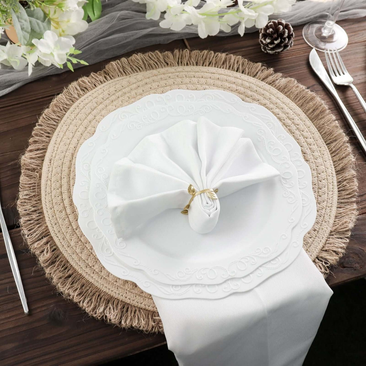 4-Pack Placemats Fringed Edge Design Natural Rustic Burlap Jute Round - Farmhouse Style Table Mats with Trim 15"