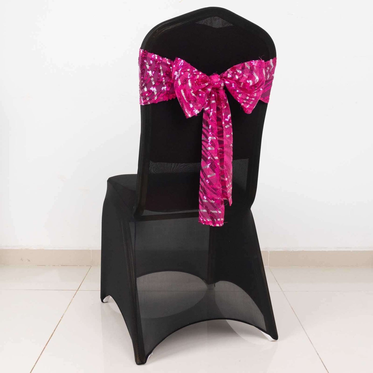 5 Pack Chair Sashes with Wave Embroidered Sequins Fuchsia/Silver 6"x88"