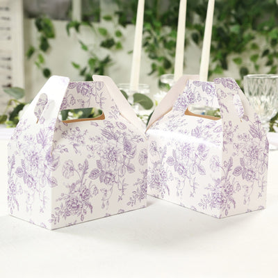 25 Pack Candy Treat Tote Boxes in French Toile Pattern - Matte Lavender and White Party Favor Gable Boxes, Cardstock Paper - 6"x3.5"x7"
