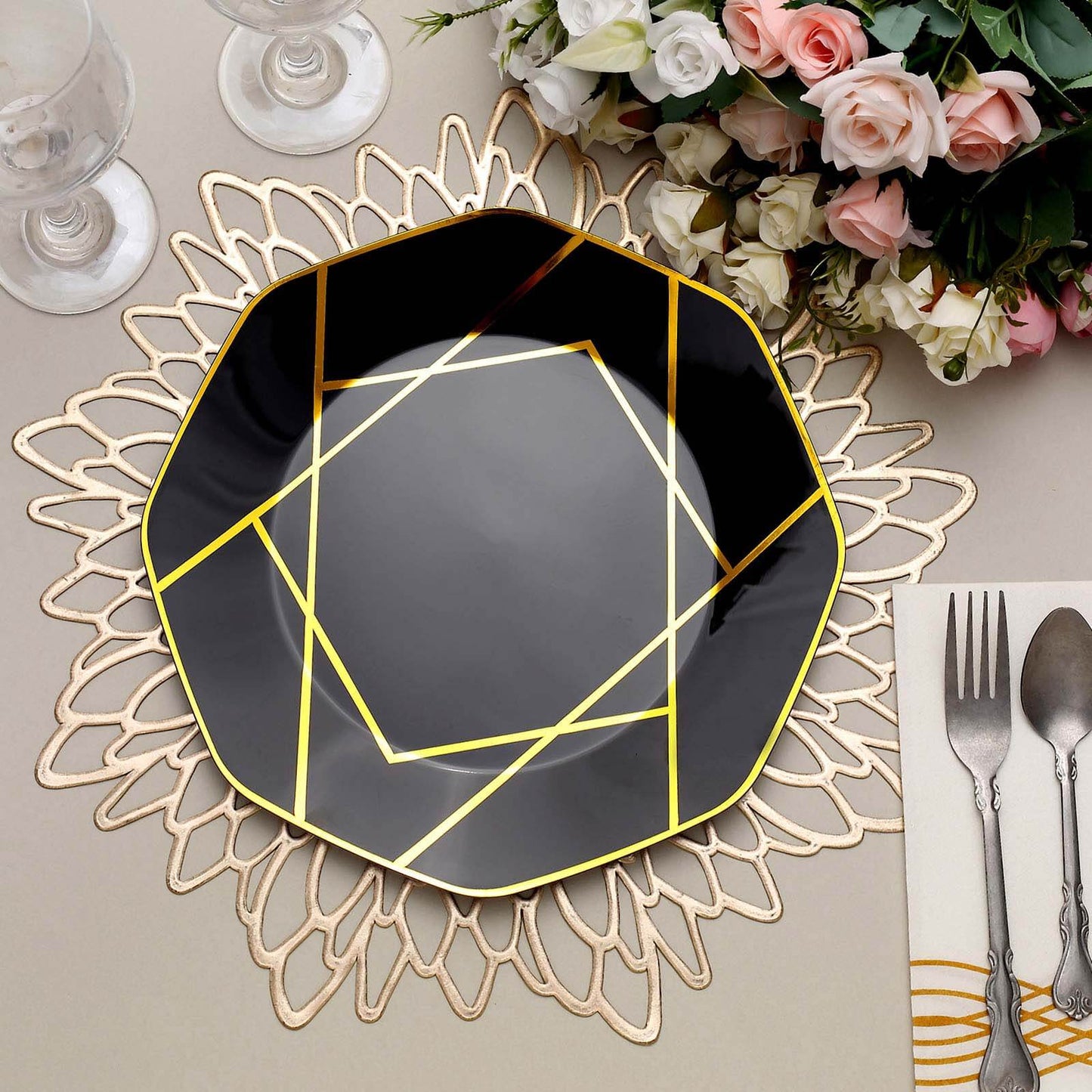 10-Pack Plastic 10" Octagon Dinner Plates in Black - Modern Disposable Party Plates with Gold Geometric Design for Special Occasions & Celebrations