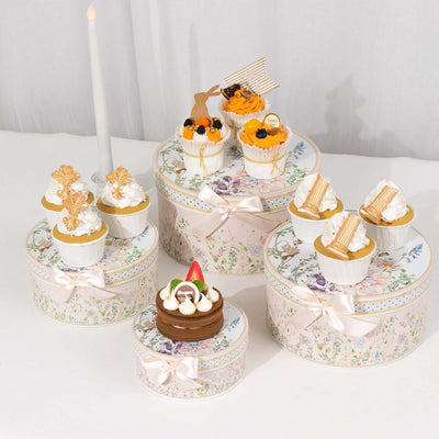 Set of 4 Cardstock Round Nesting Gift Boxes Blush Floral Design - Decorative Heavy Duty Stackable Keepsake Boxes With Lids for Presents Storage & Pedestal Stand 5",7",8",9"