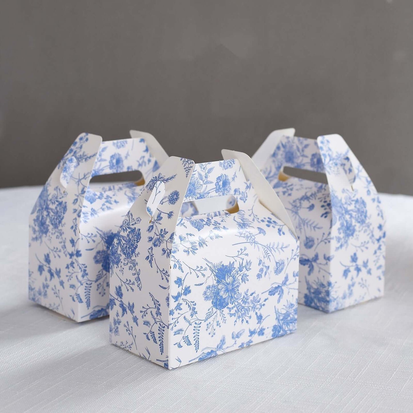 25 Pack White Blue Candy Gift Tote Gable Boxes in French Toile Pattern, Party Favor Treat Boxes - 6"x3.5"x7"