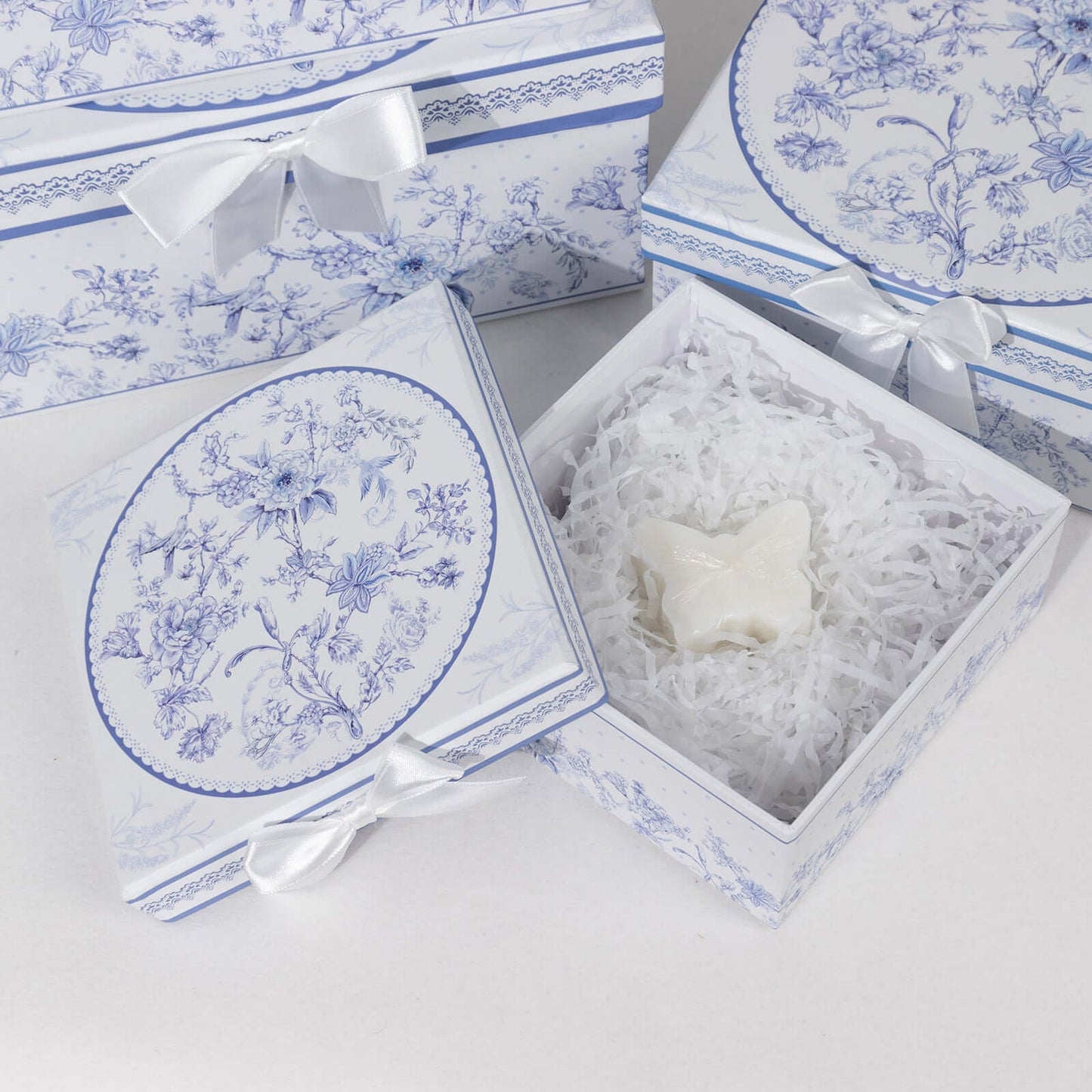 Set of 4 Cardstock Square Nesting Gift Boxes White Blue French Toile Design - Decorative Heavy Duty Stackable Keepsake Boxes With Lids for Presents Storage & Pedestal Stand 6",7",8",9"