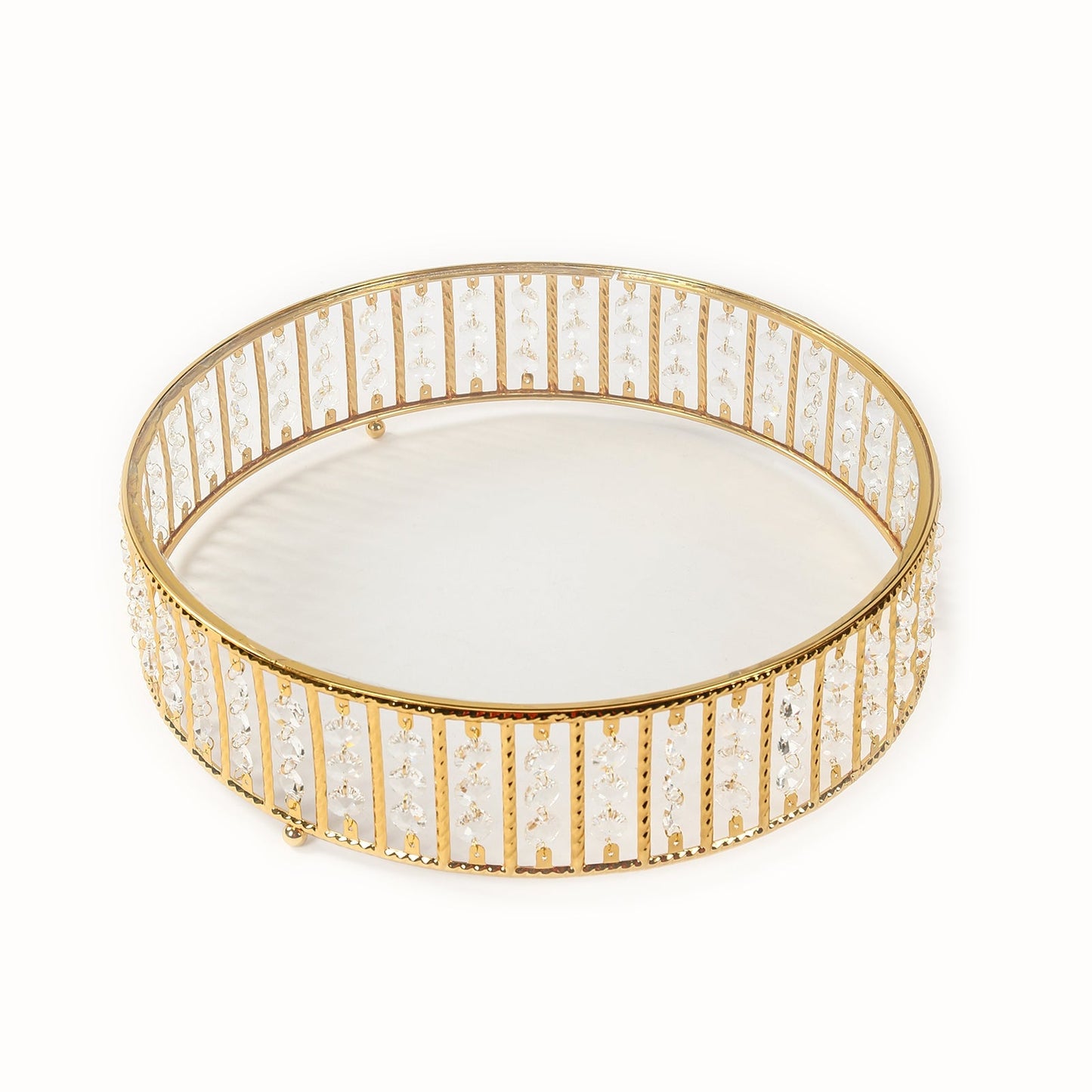 18" Round Gold Cake Stand with Hanging Crystal Beads and Glass Top â€“ Metal Dessert Display Tray