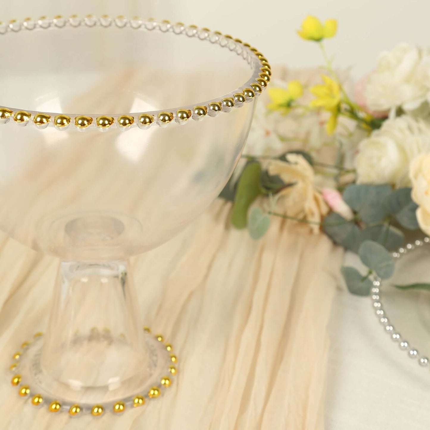 Compote Pedestal Bowl Glass Flower Vase Clear with Gold Beaded Rim - Footed Candy Trifle Bowl for Displays 8"