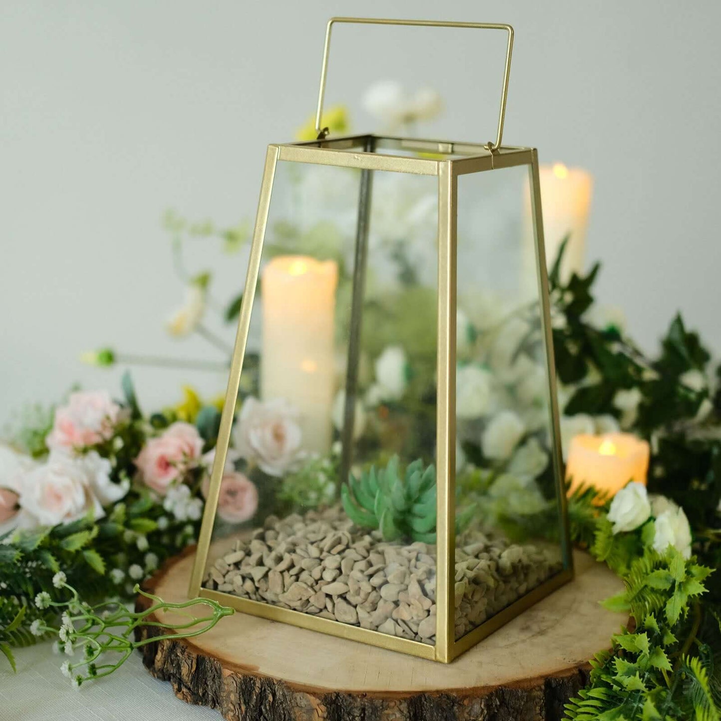Metal Candle Lantern Trapezoid Geometric Design Gold - Hanging Terrarium Table Centerpiece for Indoor/Outdoor 10"