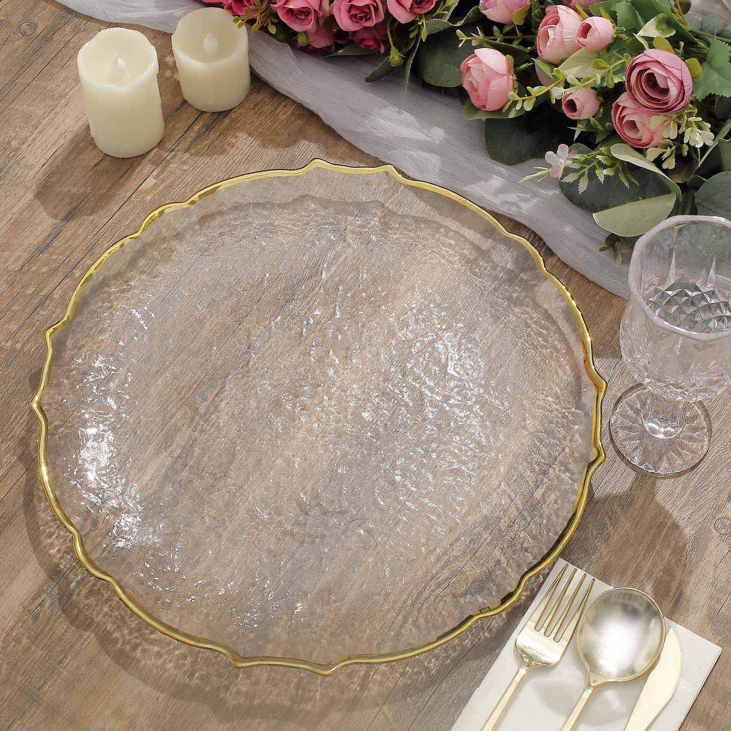 8-Pack Glass Round Charger Plates 13" in Clear with Gold Sunflower Scalloped Rim, Decorative Dinner Chargers