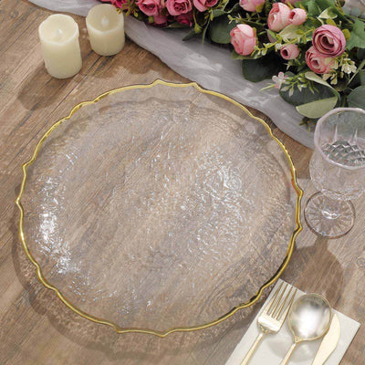 8-Pack Glass Round Charger Plates 13" in Clear with Gold Sunflower Scalloped Rim, Decorative Dinner Chargers