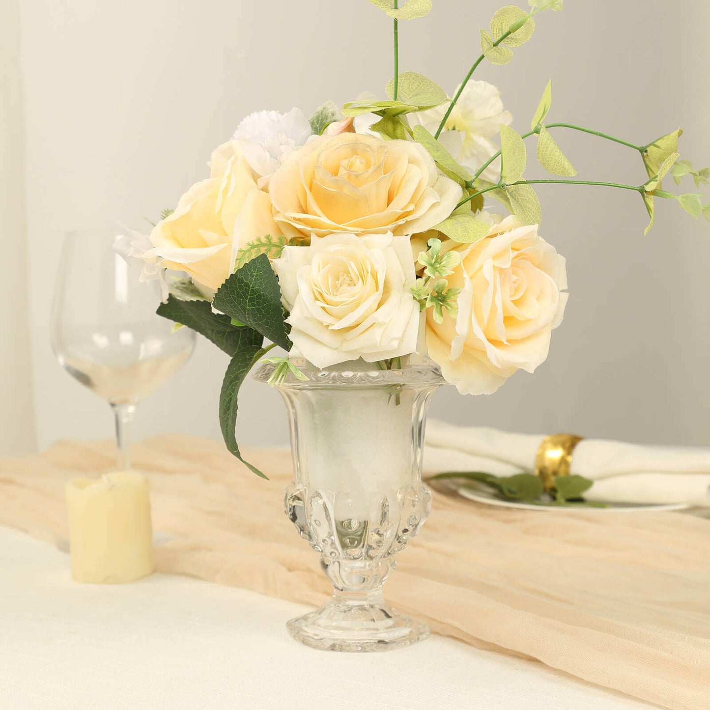 2-Pack Glass Mini Pedestal Flower Vases in Classic Roman Urn Style Clear - Sophisticated Wedding Table Centerpieces 6"
