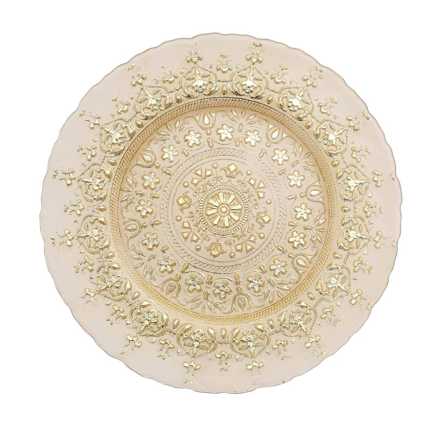 8-Pack Glass Round Charger Plates 13" in Gold with Monaco Style Ornate Design, Classy Decorative Dinner Chargers