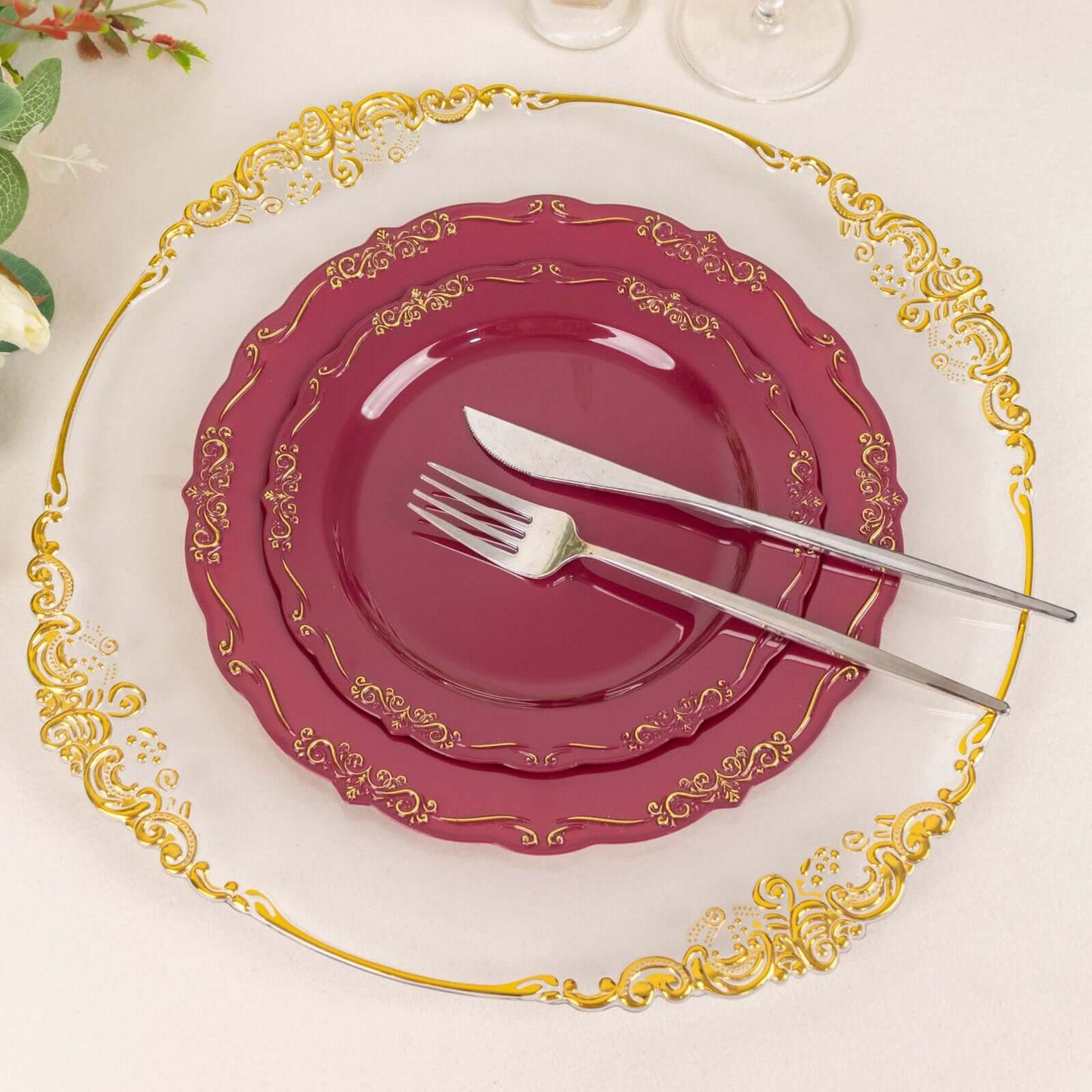 10-Pack Plastic 7" Round Dessert Plates in Burgundy with Gold Vintage Embossed Rim - Sturdy Disposable Scalloped Edge Salad Plates