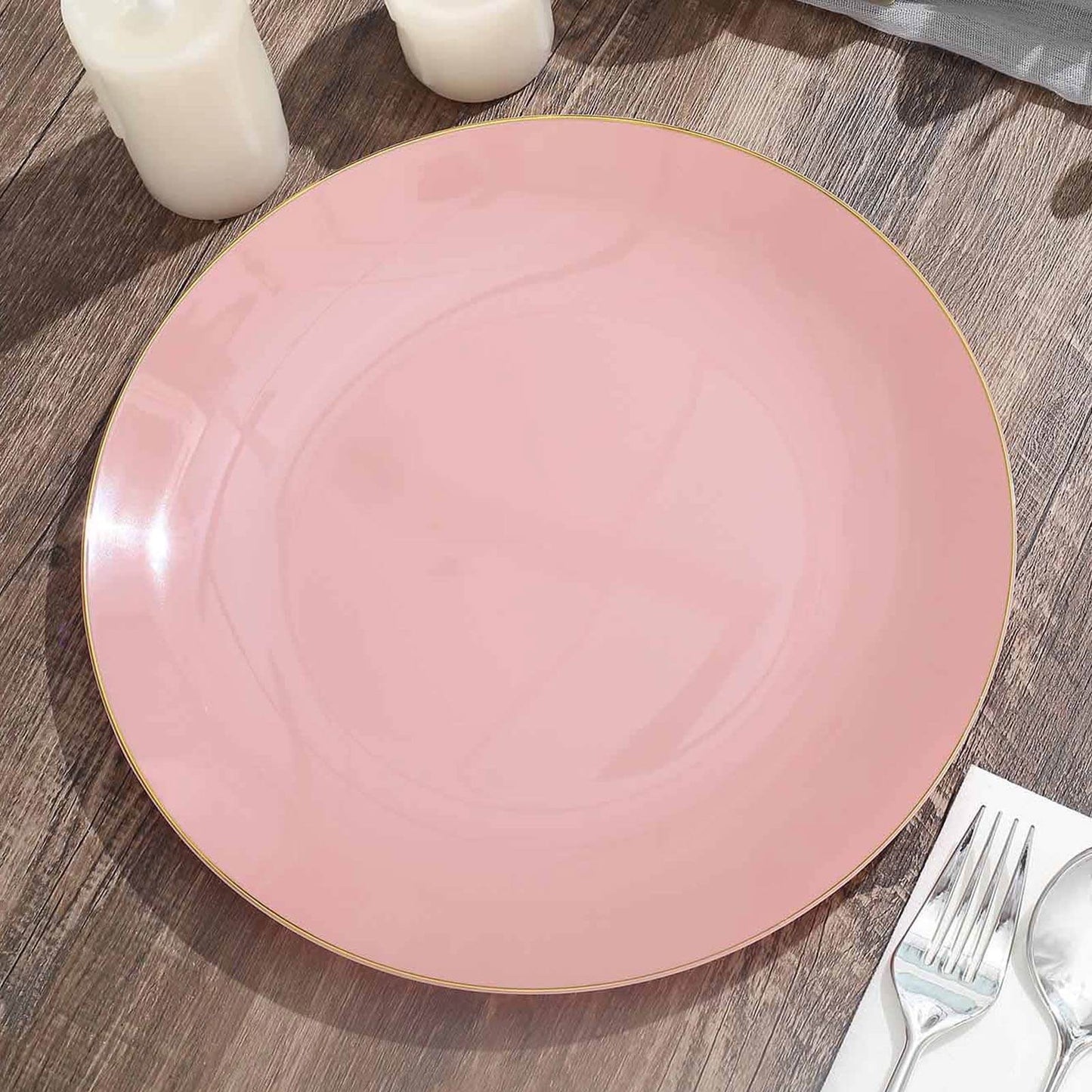 10-Pack Plastic 10" Round Dinner Plates in Dusty Rose with Gold Rim - Glossy Disposable Party Plates