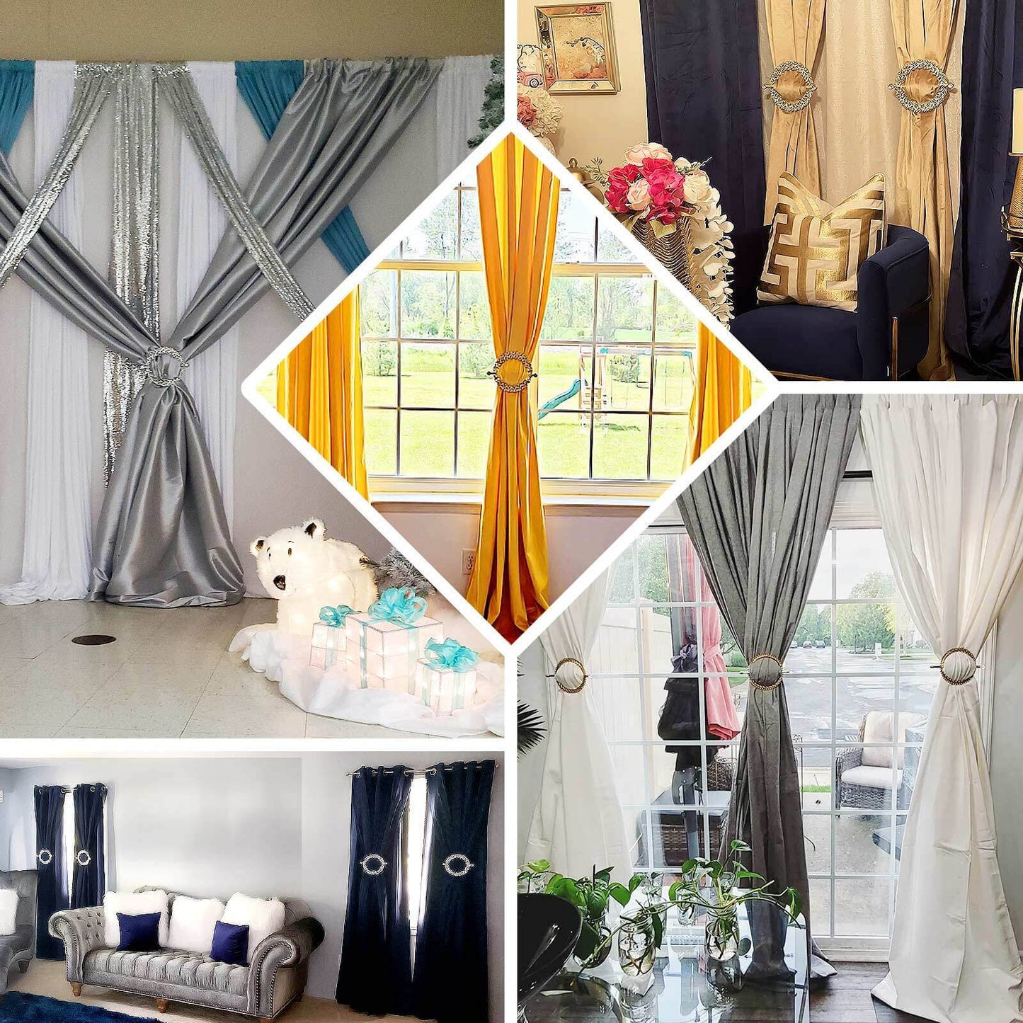 2 Pack 7" Gold Barrette Style Acrylic Crystal Curtain Tie Backs, Round Backdrop Drapery Brooch Holdbacks