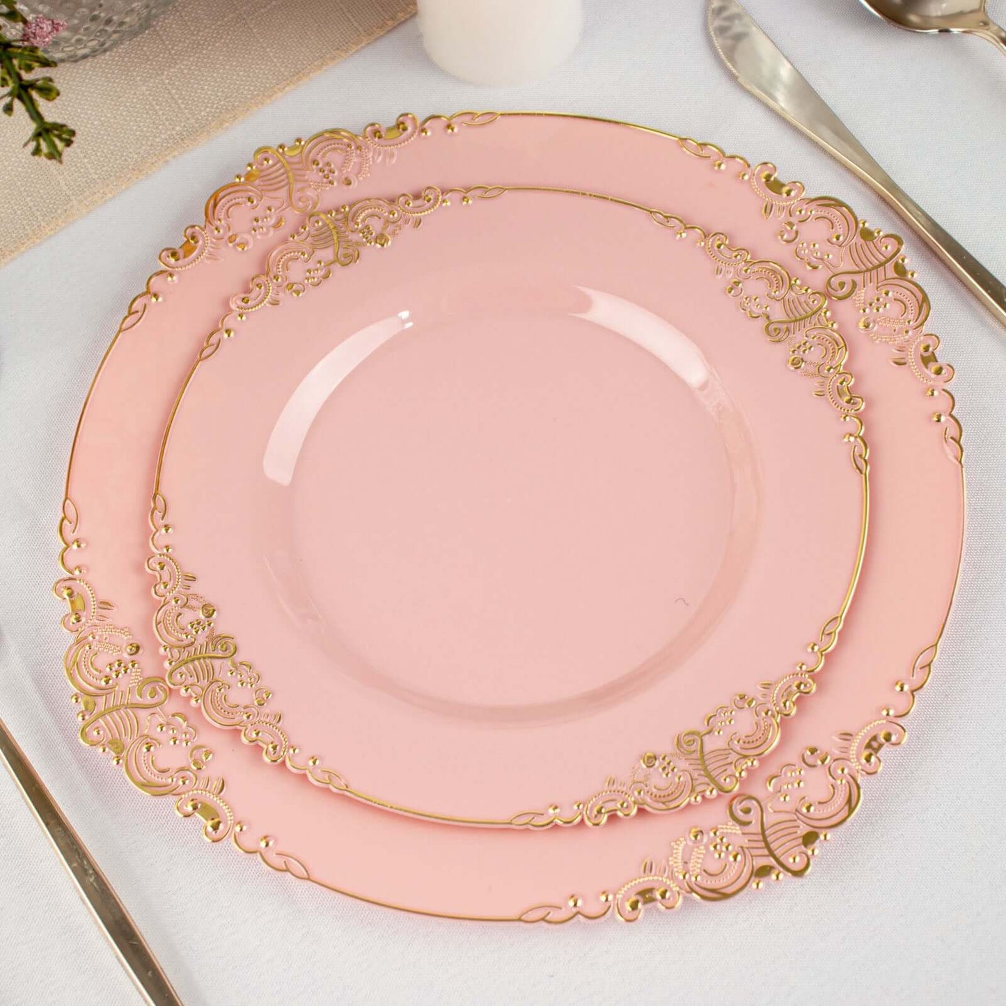 10-Pack Plastic 8" Round Dessert Plates in Dusty Rose with Gold Leaf Embossed Rim - Disposable Vintage Baroque Style Salad Plates