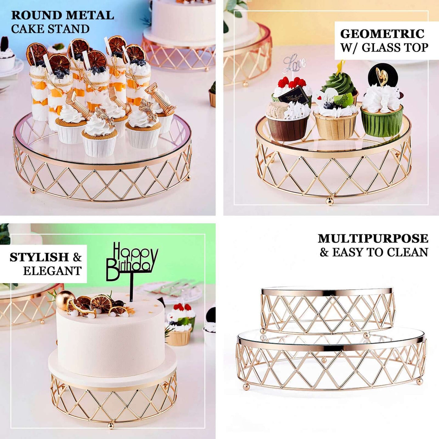 Metal Cake Stand Geometric Diamond Cut Design Gold with Glass Top - Dessert Display Riser 14"