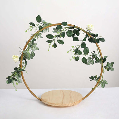 Metal Round Floral Hoop Cake Stand Gold - Chic Geometric Dessert Display DIY Centerpiece Table Decoration With Wooden Base 20"