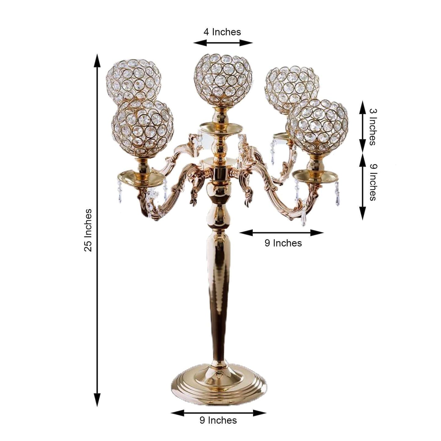 5-Arm Crystal Beaded Globe Candelabra Gold Metal - Chic Candle Holder Table Centerpiece for Gatherings 25"