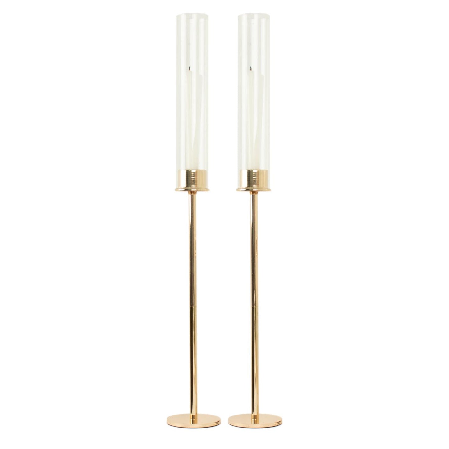 2-Pack Gold Metal Taper Candlestick Holders, Clear Glass Hurricane Candle Stands With Chimney Candle Shades 24"