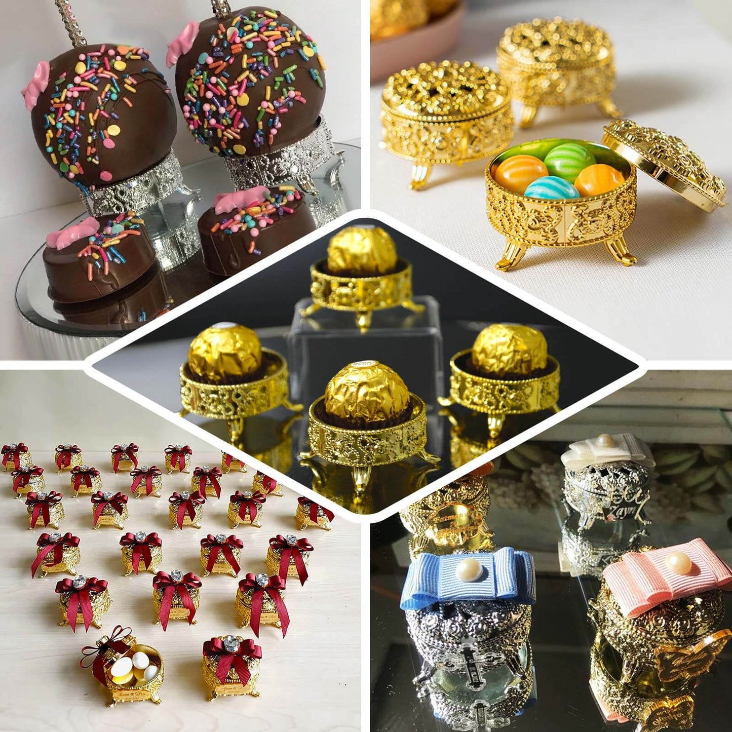 12-Pack Plastic Fillable Mini Candy Container in Vintage Ornate Round Box Style Metallic Gold - Candy Treat Favor Boxes 2.5"