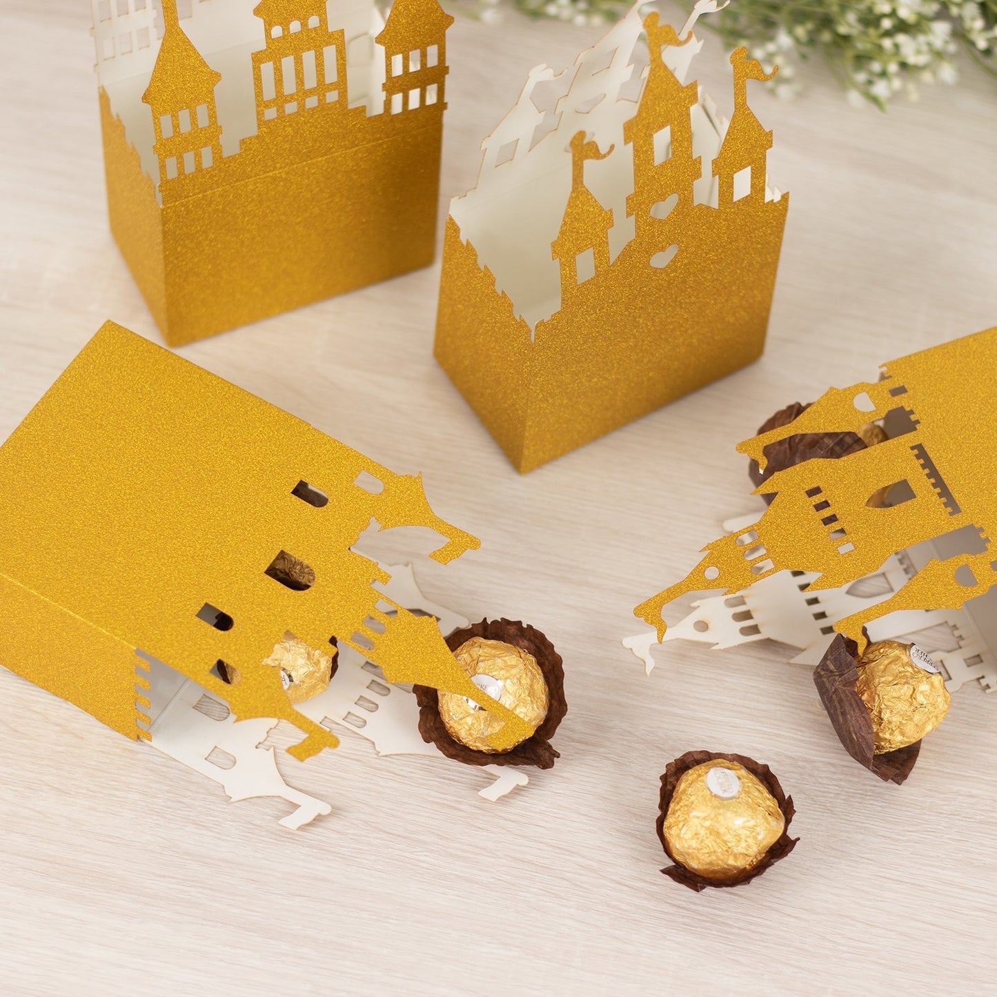 20 Pack Gold Glitter Fairy Tale Castle Favor Boxes, Princess Theme Cardstock Paper Candy Boxes Party Decorations - 3.5"x2"x6.5"