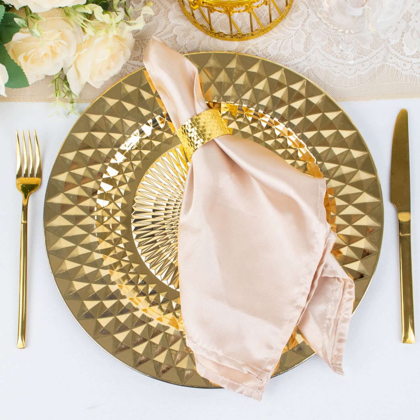 6-Pack Plastic Round Charger Plates 13" in Gold with Diamond Pattern, Sparkling Disposable Dinner Charger Tableware
