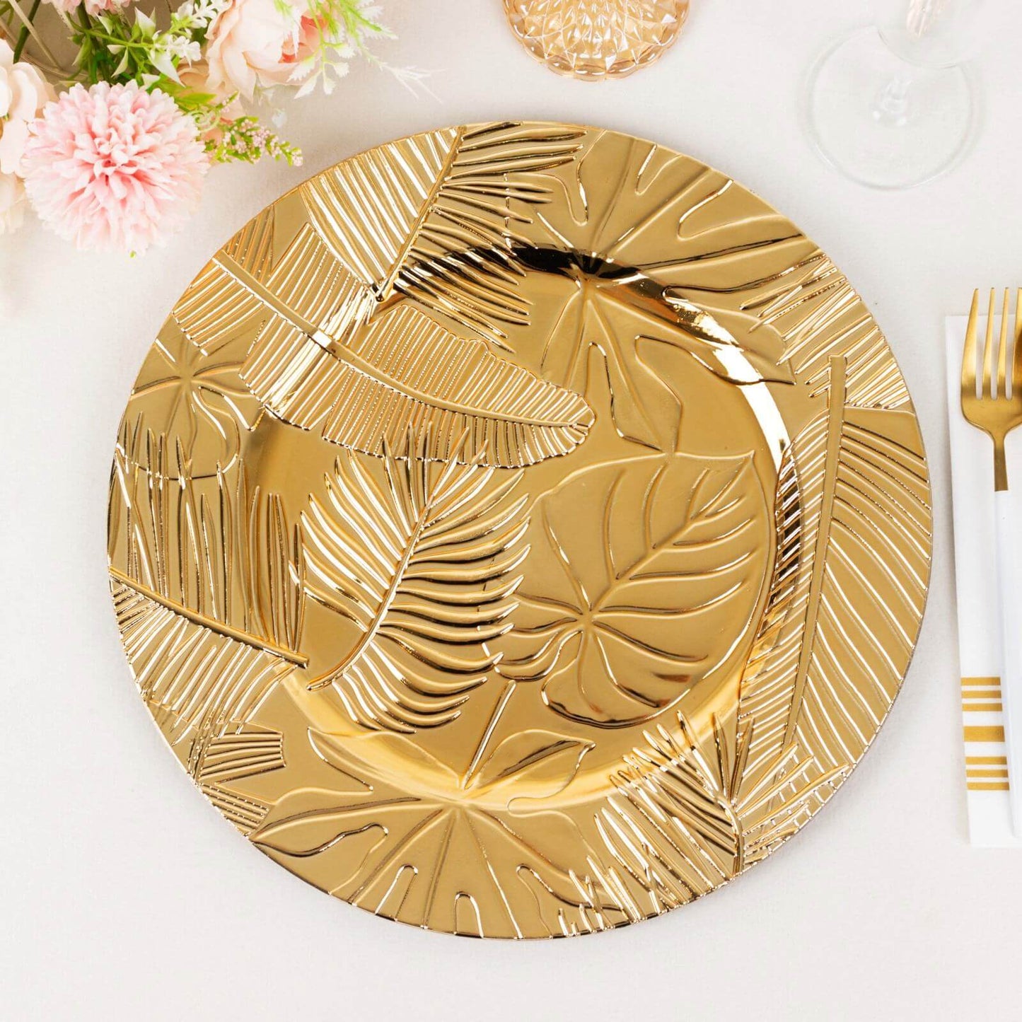 6-Pack Acrylic Round Charger Plates 13" in Metallic Gold with Embossed Tropical Leaves, Decorative Dinner Charger Tableware