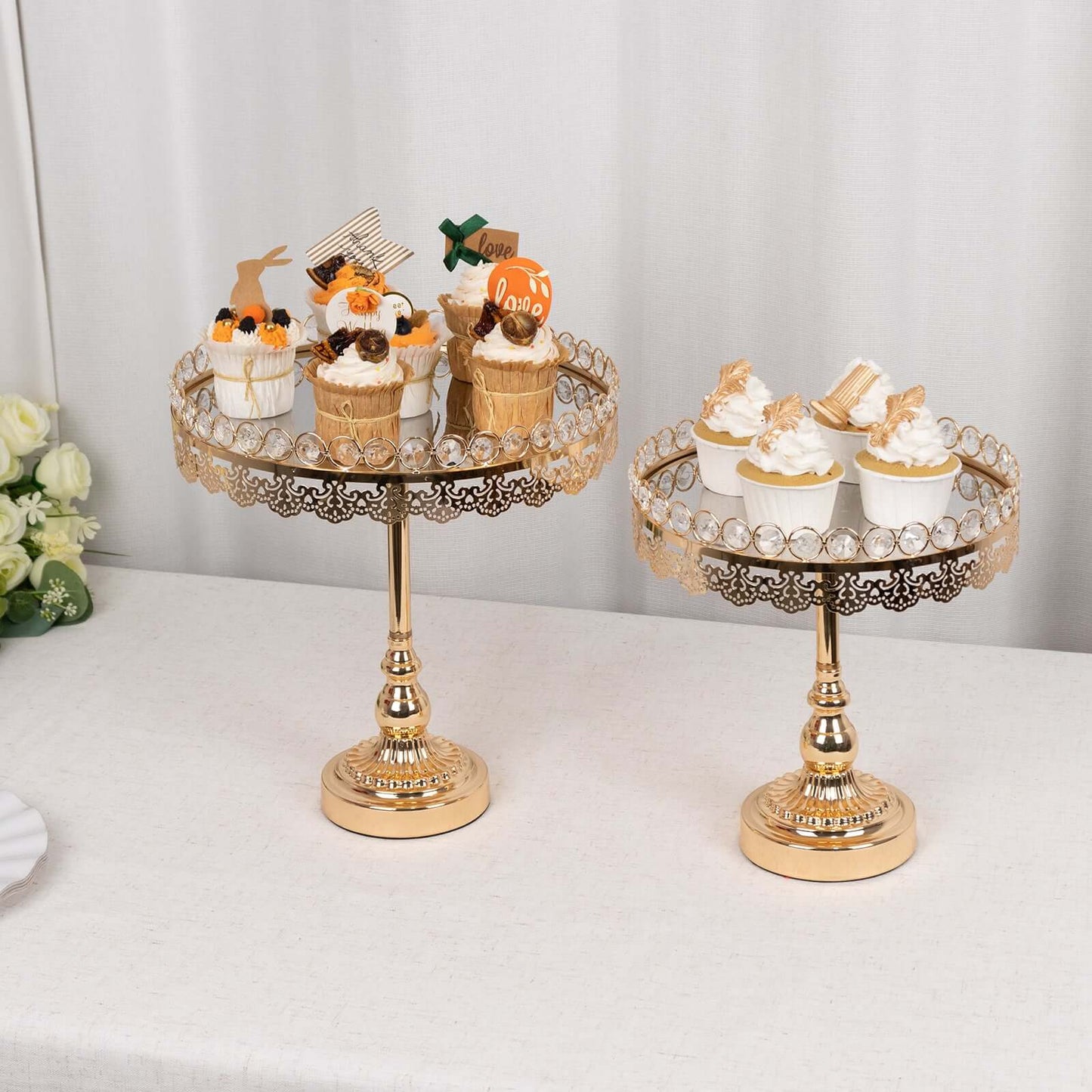Set of 2 Pedestal Cake Stands Round Design with Mirror Top Gold - Crystal Beaded Cupcake Dessert Display Metal 11", 13"