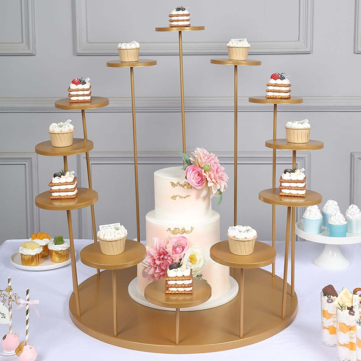 Metal Cake Stand with 12-Arm Tiered Cupcake Holders Gold - Layered Dessert Display Tower Centerpiece for Luxurious Weddings Gala Events & Dessert Buffets 29"