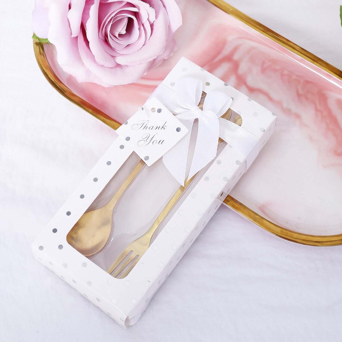 Gold Metal Spoon & Fork Pre-Packed Wedding Party Favors Set With Leaf Shaped Handle, Bridal Shower Souvenir Gift Box - 5"