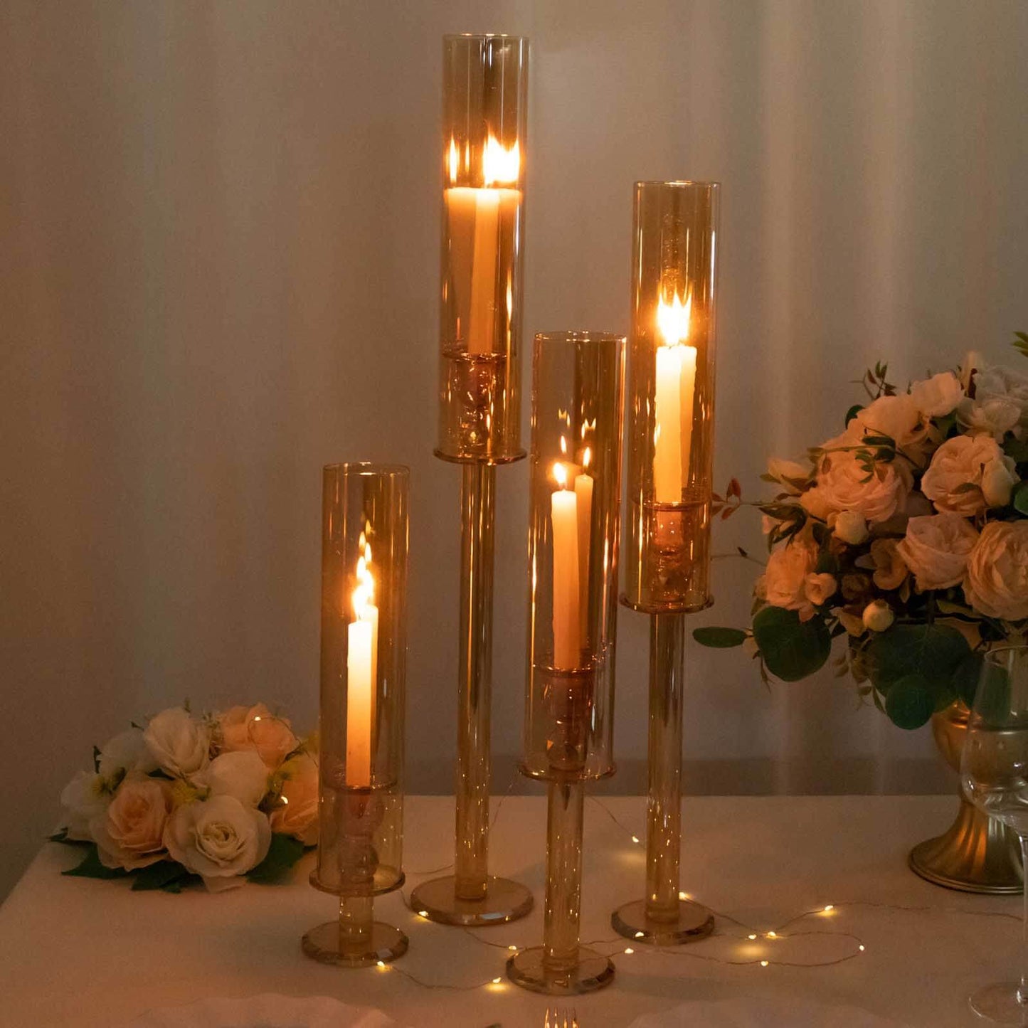 Set of 4 Crystal Glass Hurricane Taper Candle Holders, Decorative Tall Candle Stands Amber Gold Cylinder Chimney Tubes 14", 18", 22", 26"