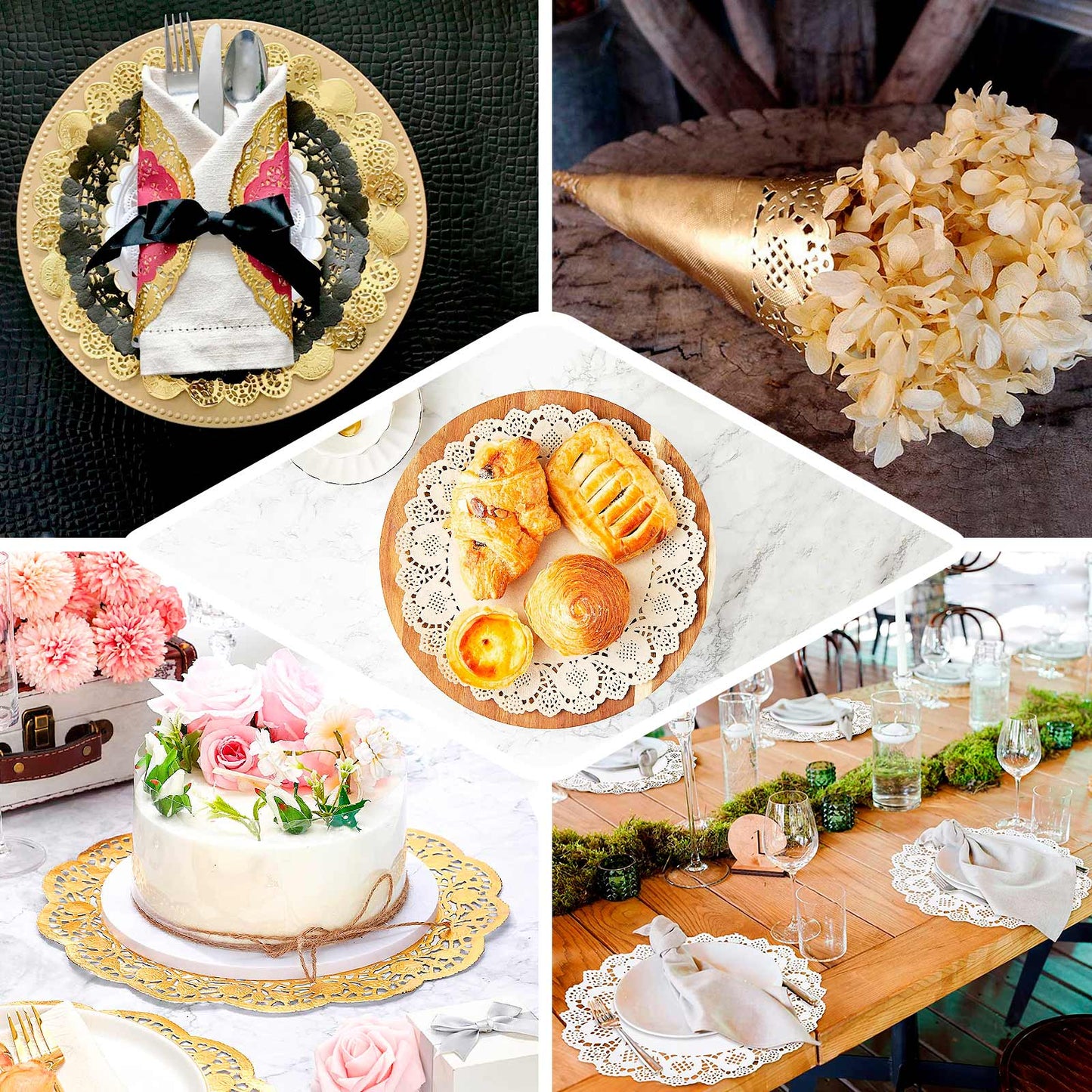 50 Pcs Paper 12" Round Placemats in Gold - Food Grade Lace Paper Doilies for Dessert Display & Table Decor