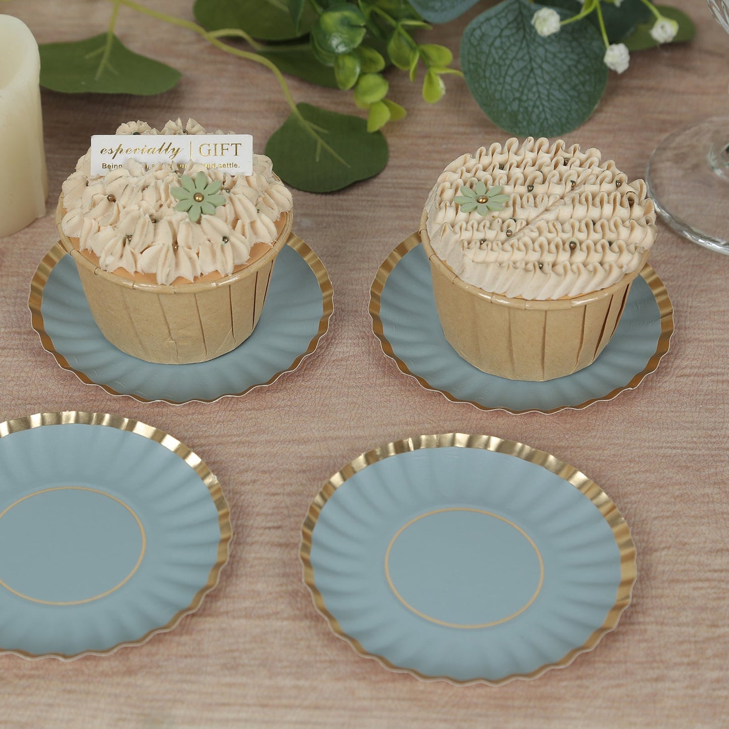 50-Pack Paper 3.5" Round Party Plates in Dusty Blue with Gold Scalloped Rim for Tapas, Appetizers & Finger Foods
