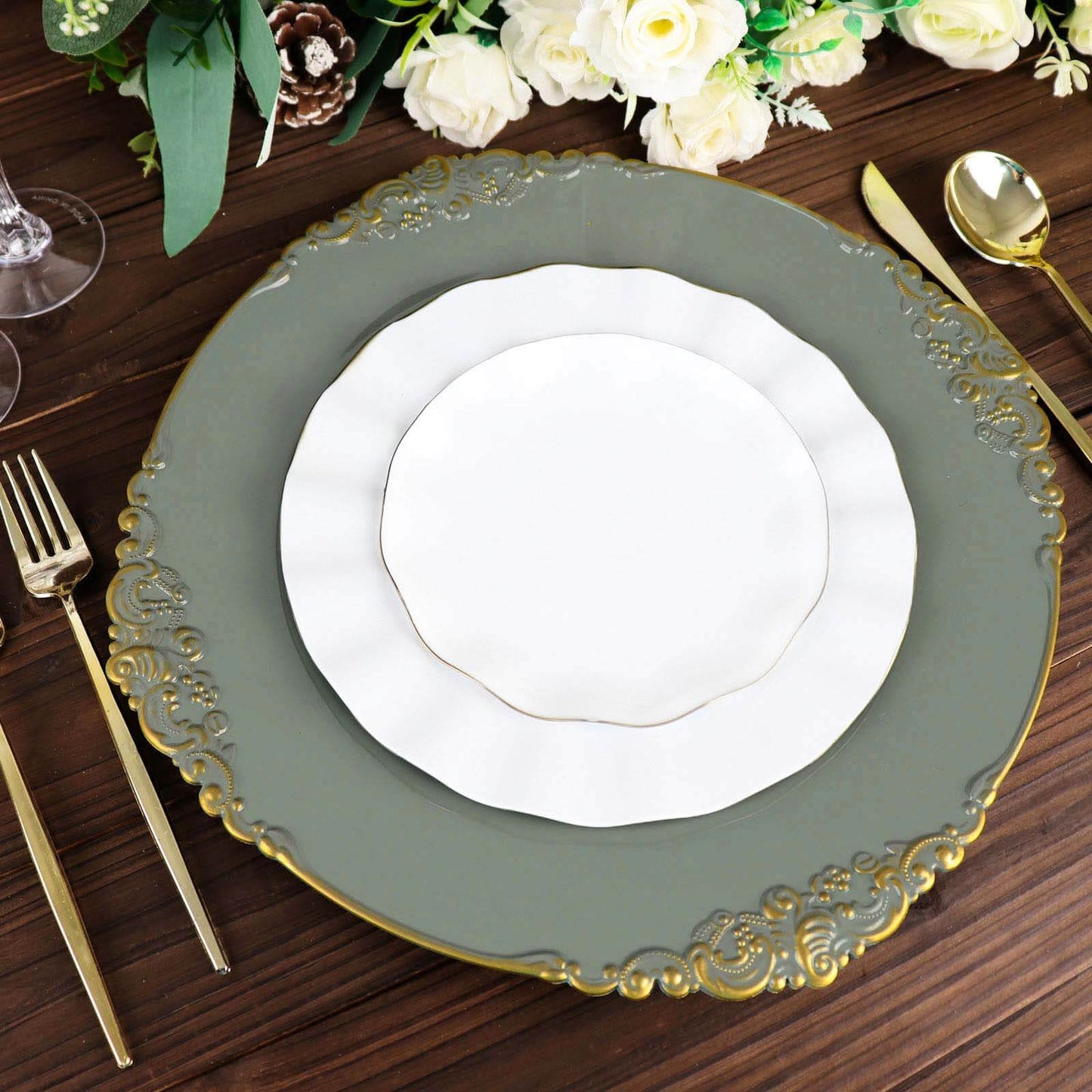 6-Pack Acrylic Round Charger Plates 13" in Olive Green with Gold Embossed Baroque Rim, Antique Decorative Dinner Party Charger Tableware