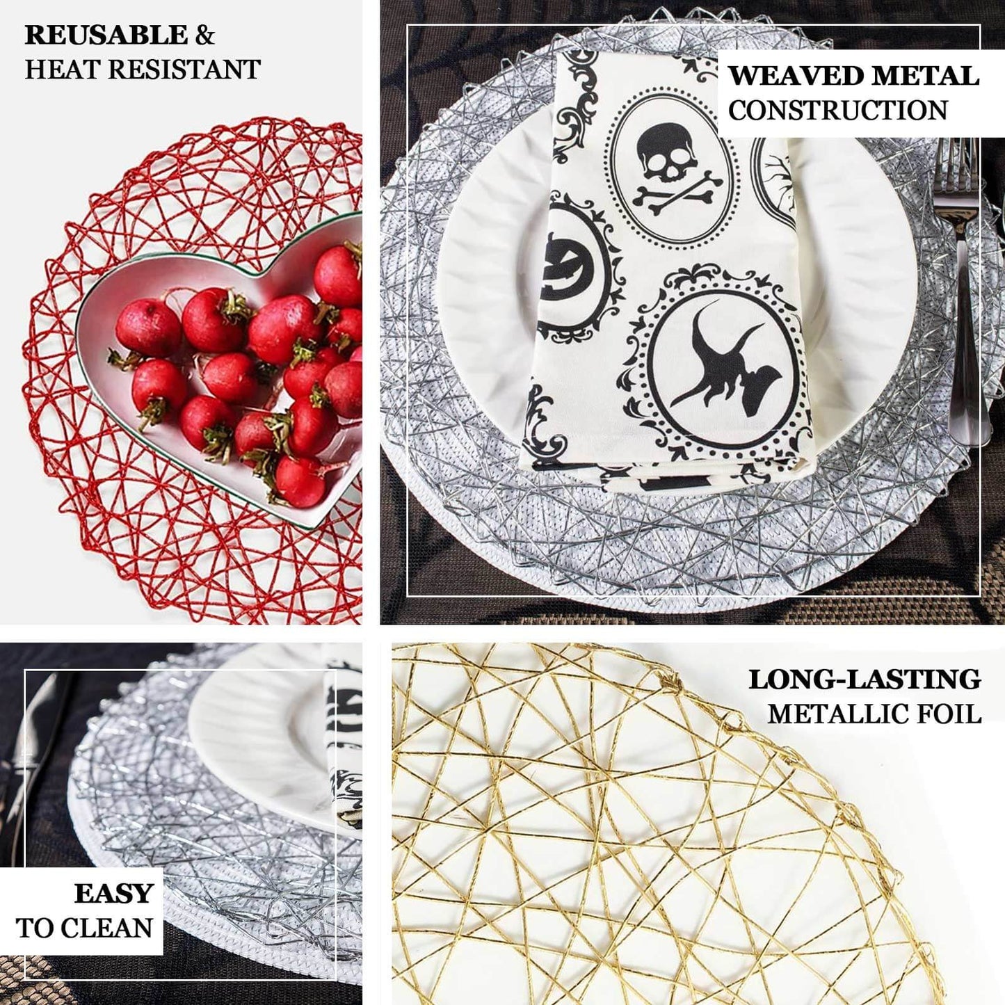 6-Pack Table Placemats Woven Fiber Design Gold Round - Disposable Mats for Dining and Events 15"