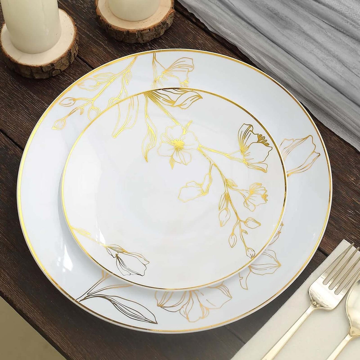 Set of 20 Plastic Round Dinner and Dessert Plates in White with Metallic Gold Floral Design - Stylish Disposable Dinnerware for Banquets & Special Occasions 8", 10"