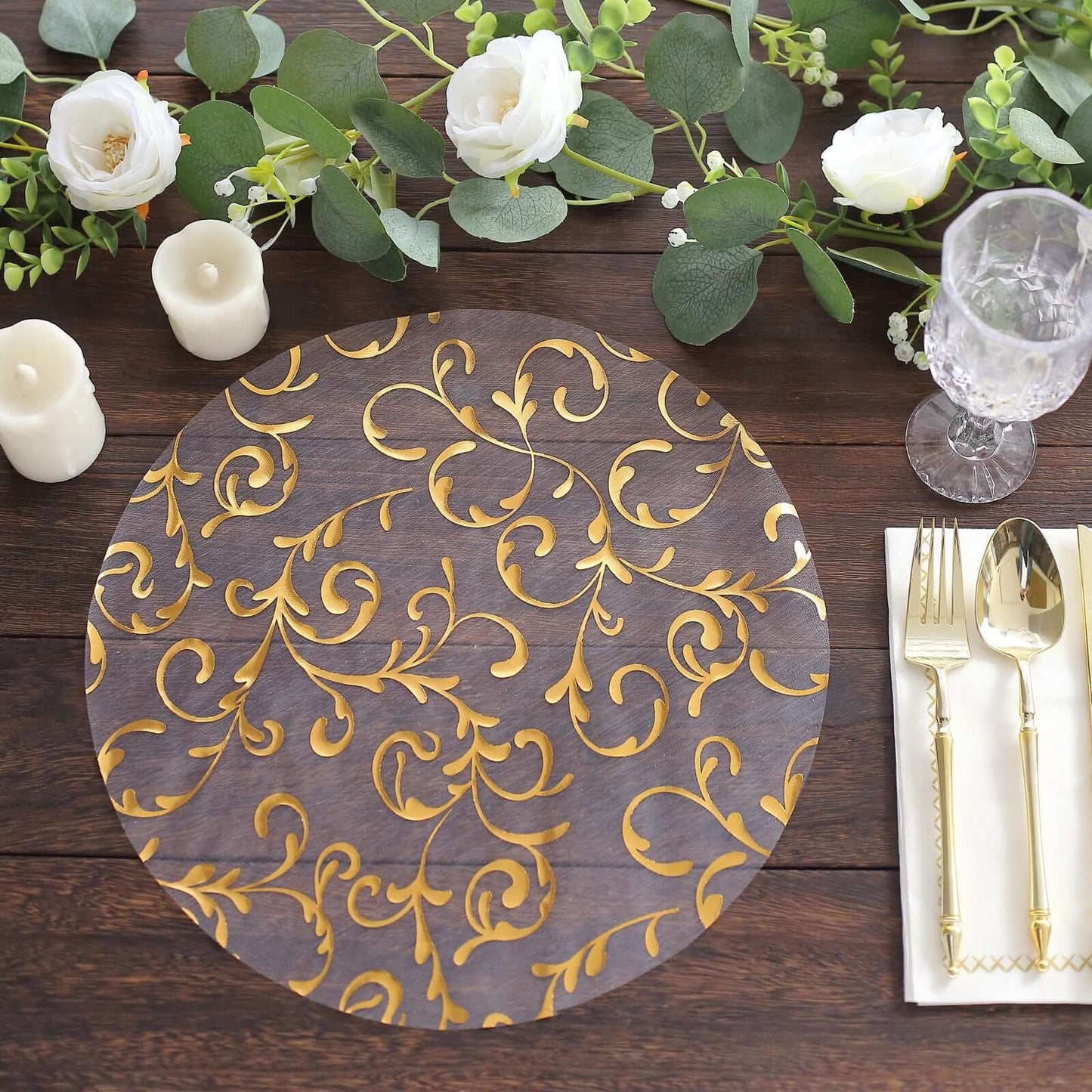 10-Pack Table Placemats Embossed Foil Flower Design Metallic Gold Round - Sheer Organza Disposable Mats 13"