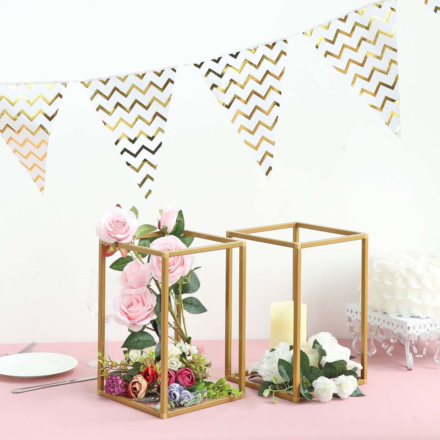 2-Pack Wedding Flower Stand Gold Metal Geometric Column Frame Rectangular - Versatile Floral Pedestal for Sophisticated Arrangements 12"