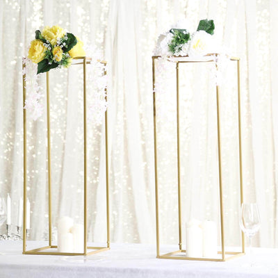 2-Pack Wedding Flower Stand Gold Metal Geometric Column Frame Rectangular - Versatile Floral Pedestal for Sophisticated Arrangements 32"