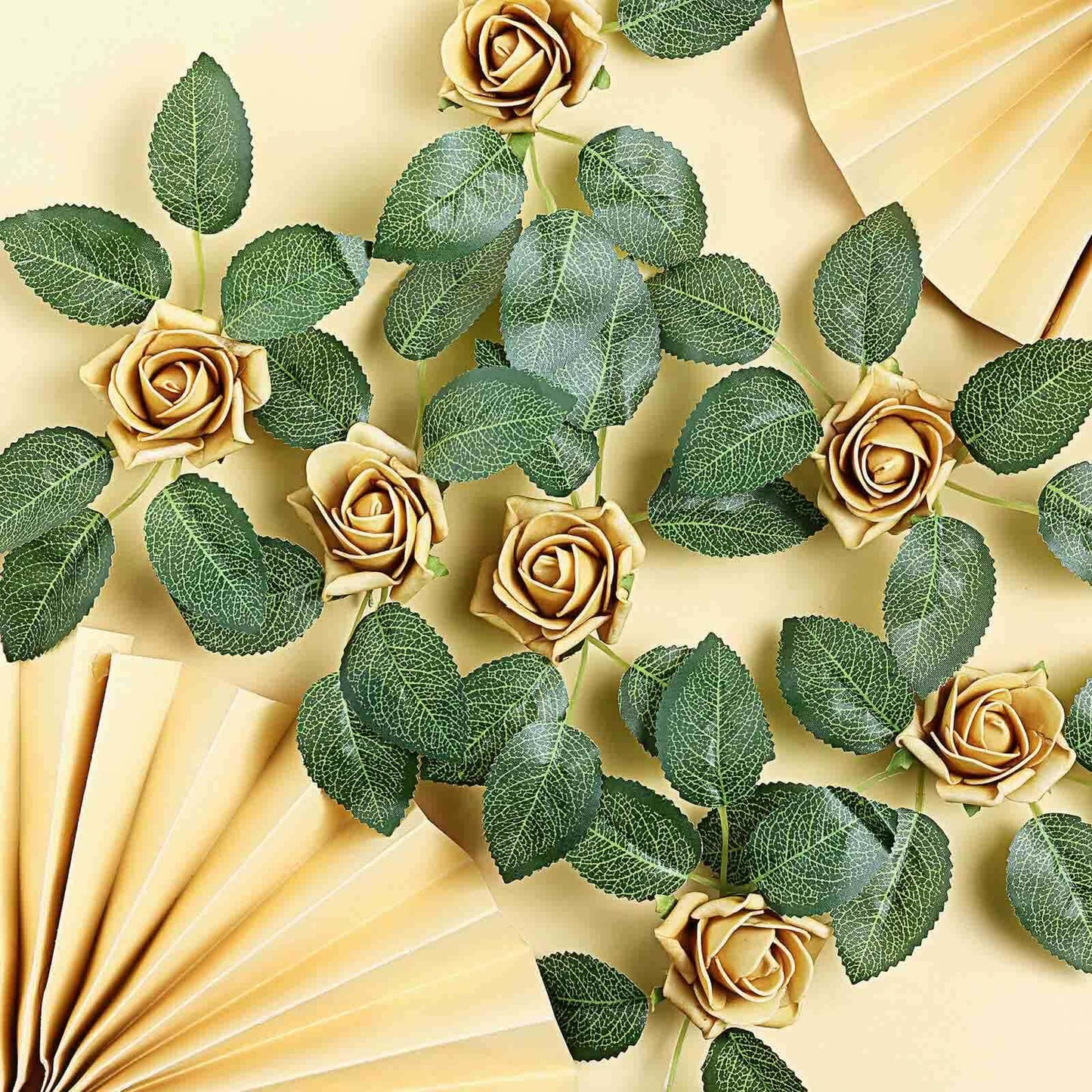 24 Roses 2" Gold Artificial Foam Flowers With Stem Wire and Leaves