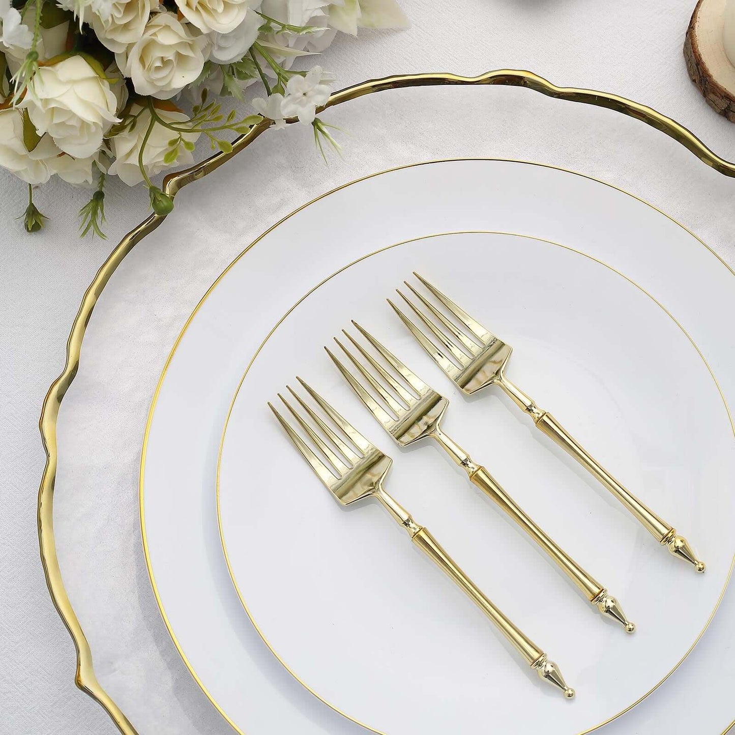 24-Pack Plastic Dessert Forks with Roman Column Handle Gold - European Style Disposable Utensils 6"