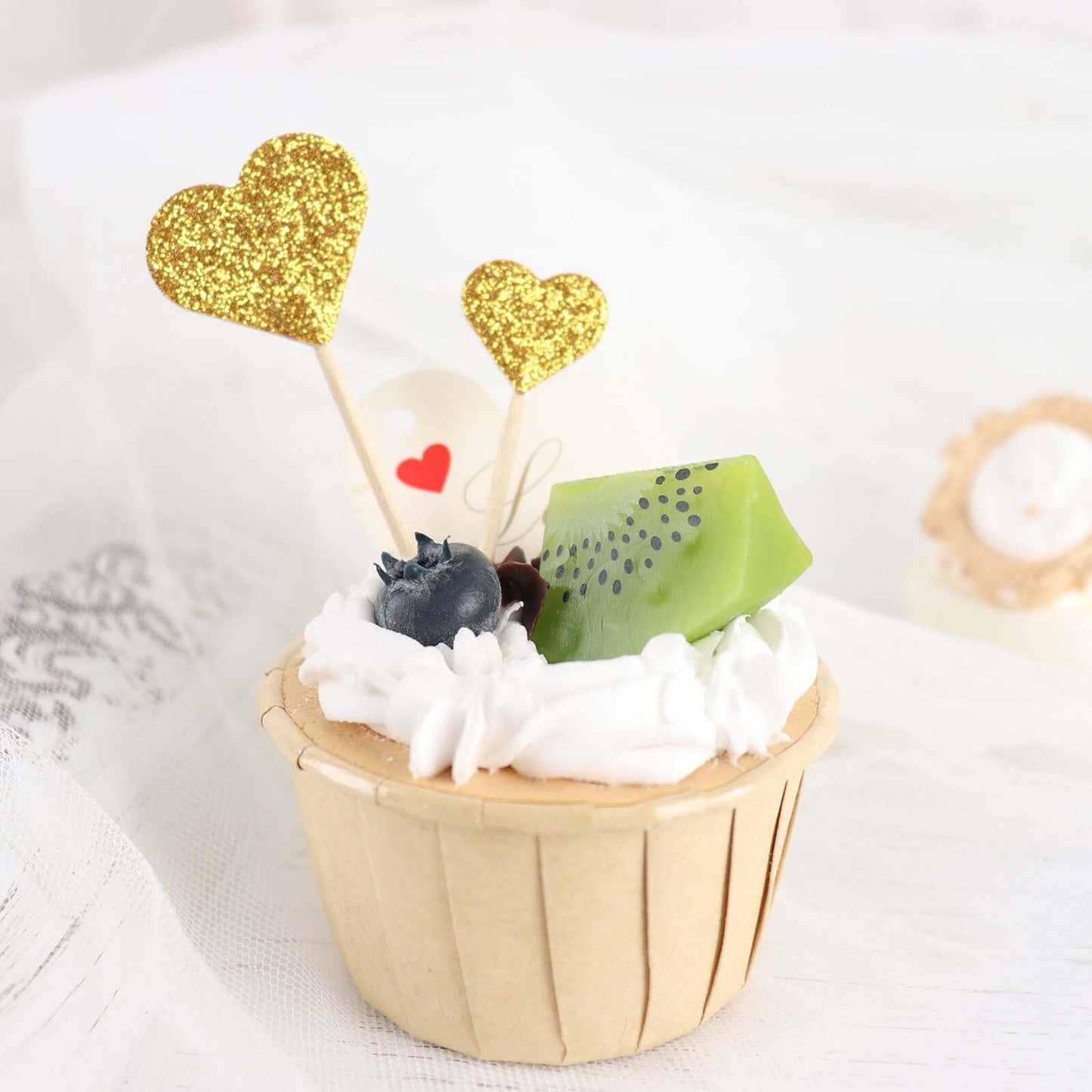 24-Pack Cupcake Topper Picks Heart Shaped Design Glitter Gold - Party Cake Toppers 4.5", 4"