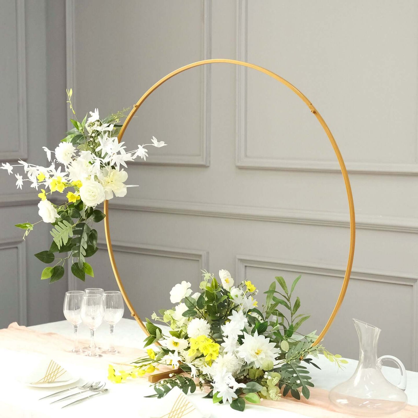 36" Gold Metal Round Hoop Wedding Centerpiece, Self Standing Table Floral Wreath Frame