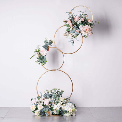 5ft 4-Tiered Gold Hoop Pillar Flower Stand, Metal Wedding Arch Table Centerpiece - Hoop Wreath