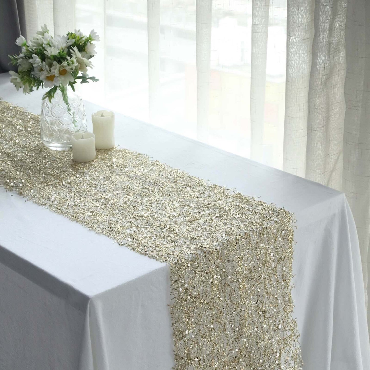 Mesh 12"x108" Table Runner Gold - Sequin Schiffli Lace Design for Stylish Celebrations