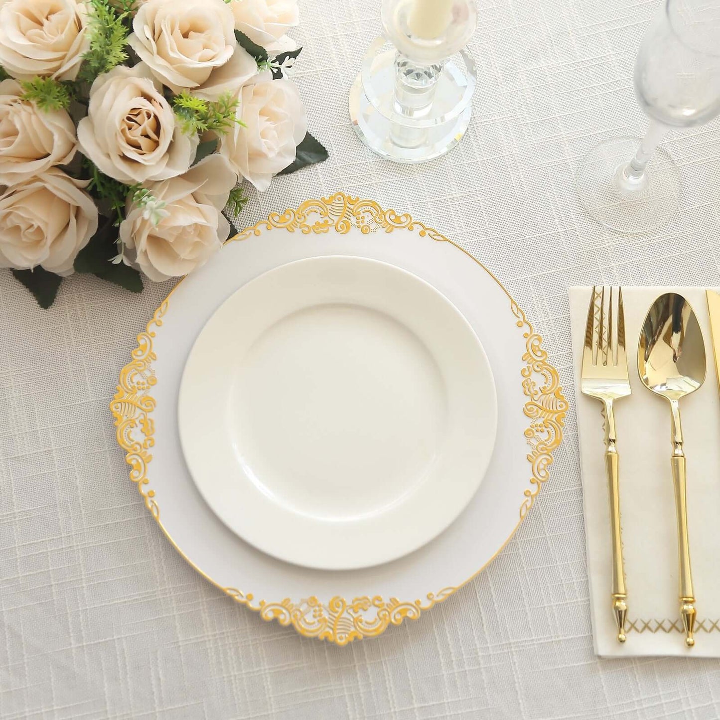10-Pack Plastic 10" Round Dinner Plates in White with Gold Leaf Embossed Rim - Disposable Vintage Baroque Style Plates for Luxurious Gatherings & Events