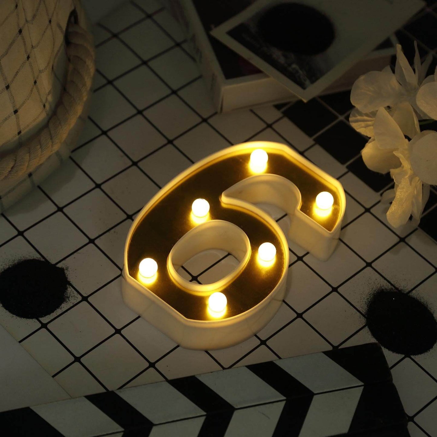 3D Marquee Number "6" Warm White 6 LED Lights Gold - Stylish Light-Up Accent for Events 6"