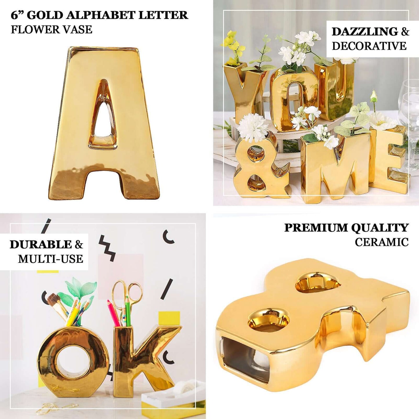 Shiny Ceramic Vase Letter "O" Gold Plated - Chic Bud Planter Pot for Events & Decor 6"