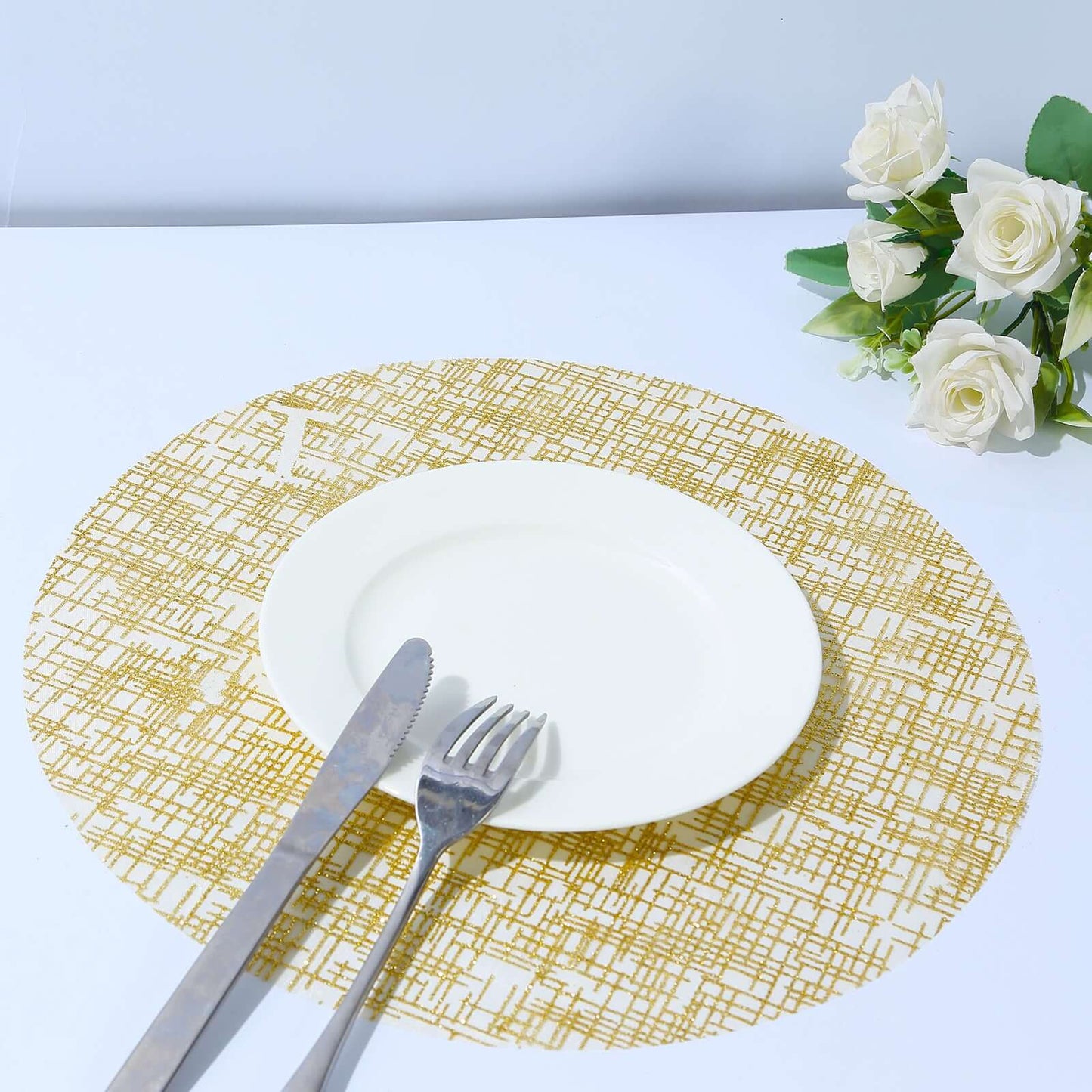 10-Pack Table Placemats Glitter Design Metallic Gold Round - Mesh Polyester Disposable Mats 13"