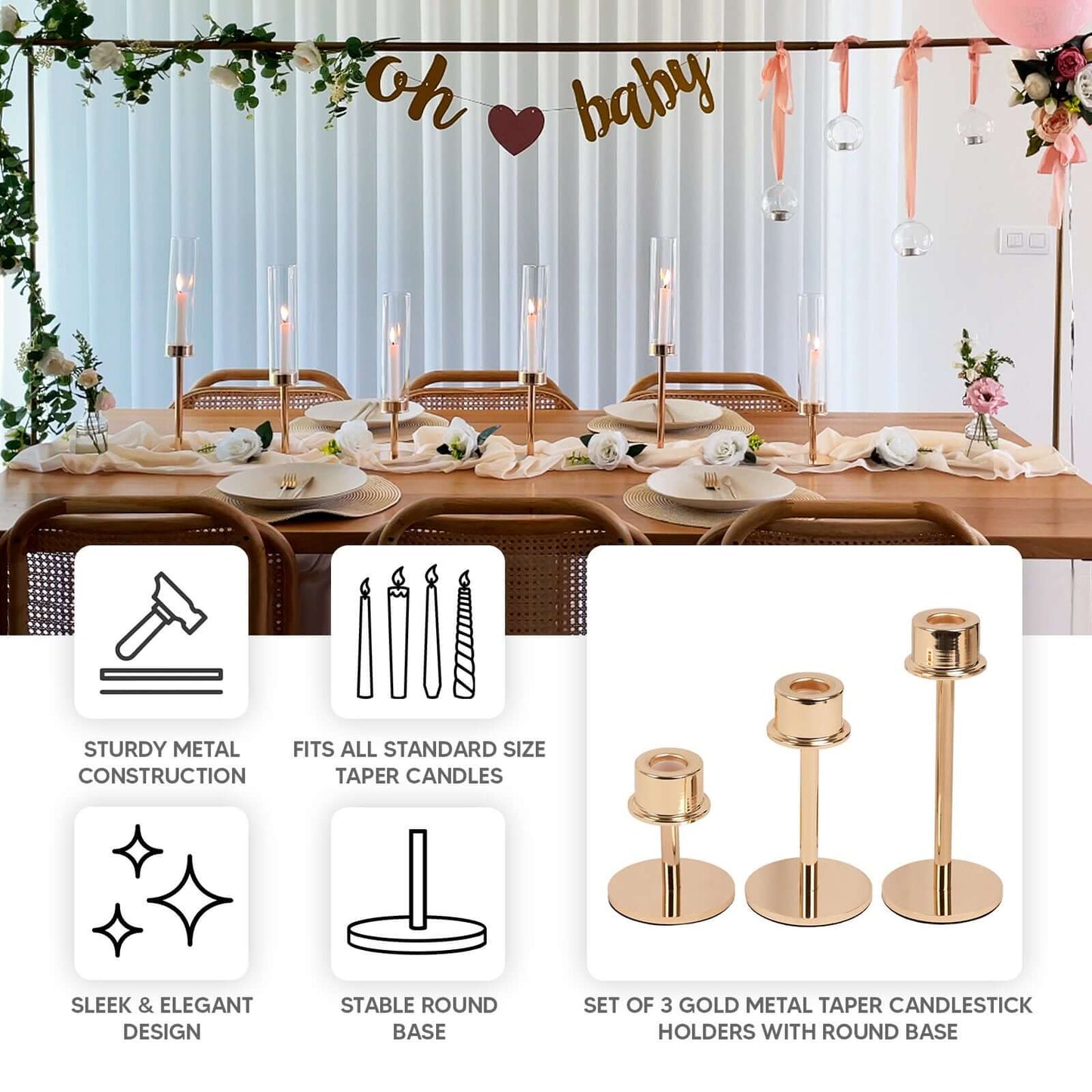 Set of 3 Metal Taper Candlestick Holders Gold with Round Base - Hurricane Candle Stands 3.5", 5.5", 8"