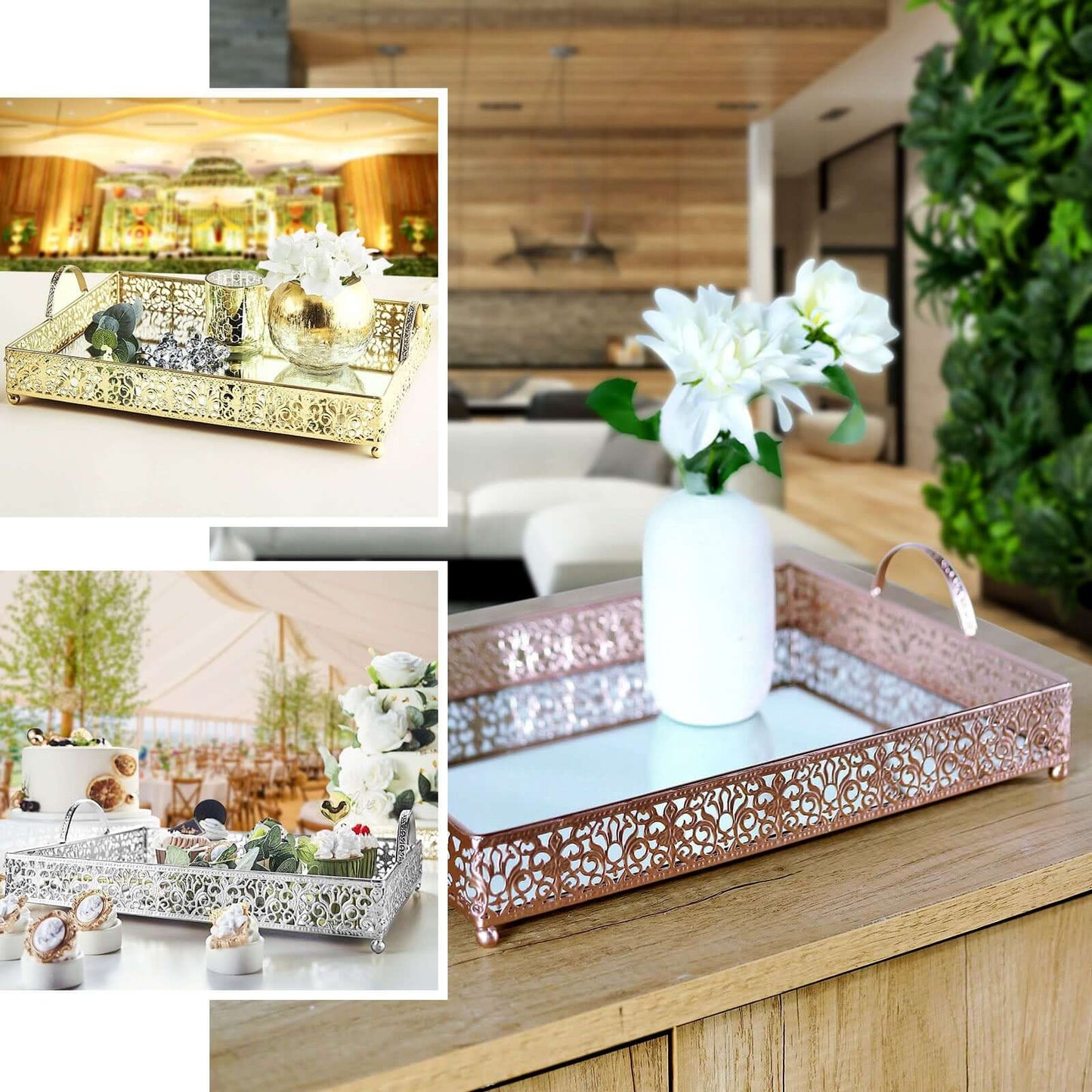 Metal Mirrored Rectangle Serving Tray 16"x12" in Rose Gold Fleur De Lis Design with Handles, French Inspired Decorative Vanity Tray Centerpiece